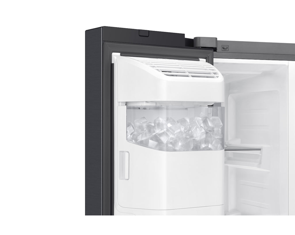 Ice maker in a Samsung 635L Side by Side refrigerator with ice cubes visible