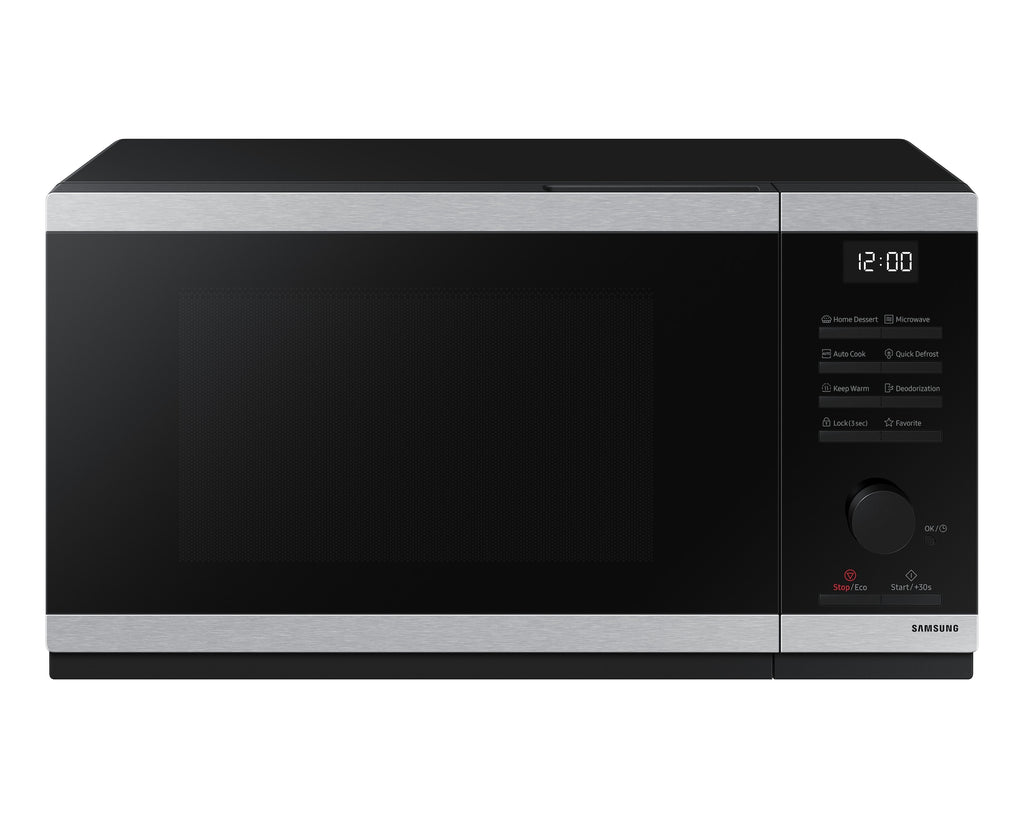 Black and silver Samsug microwave oven on a white background