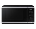 Black and silver Samsug microwave oven on a white background
